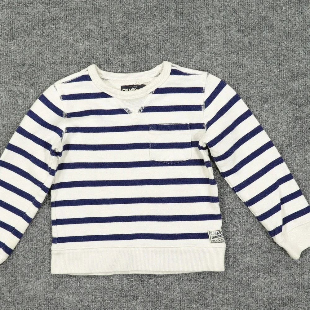 OshKosh B'gosh Sweatshirt Kids 4/5 White Navy Striped Pullover Crewneck Pocket